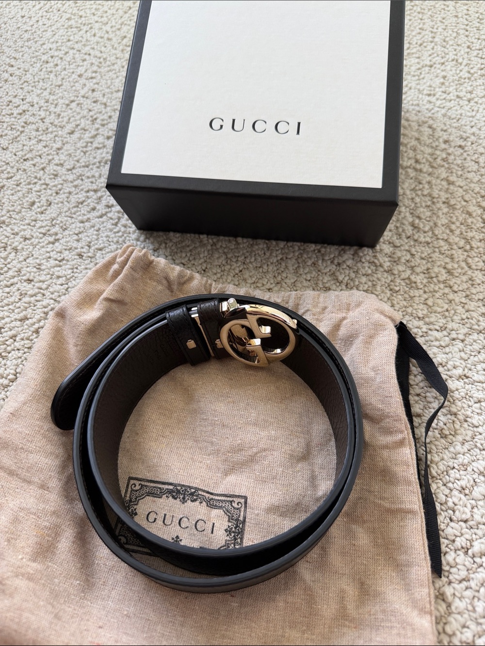 Gucci Black Leather Belt with Gold Interlocking G Buckle